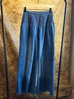 Wide Leg Smocked Waist Jeans - Dark Blue